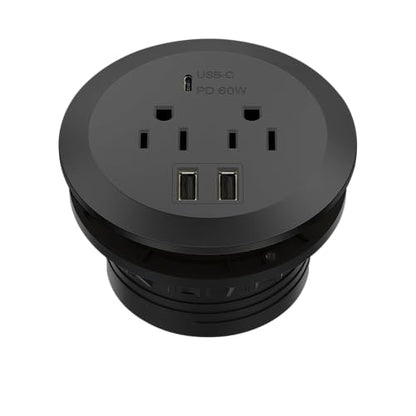 TOPGREENER Desktop Power Grommet with 65W PD Fast Charging USB C, GaN Desk Grommet for MacBook, 2 USB-A Ports and Duplex Receptacles, 3” Diameter Power Grommet, TTRP48APD60-BK, Black - color: Black