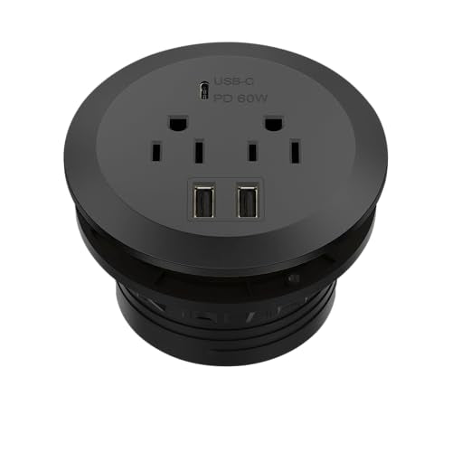 TOPGREENER Desktop Power Grommet with 65W PD Fast Charging USB C, GaN Desk Grommet for MacBook, 2 USB-A Ports and Duplex Receptacles, 3” Diameter Power Grommet, TTRP48APD60-BK, Black - color: Black