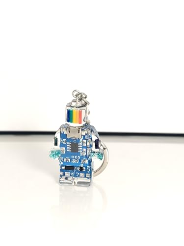 Upcycled Circuit Board Robot Keychain, Handmade Real PCB Resin Charm, Unique Cyberpunk Gift for IT - color: Blue