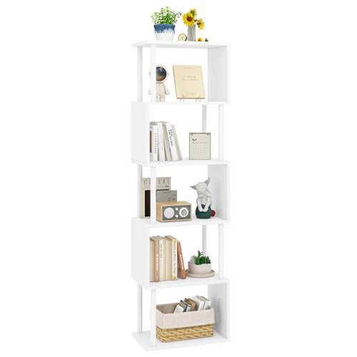 IBUYKE 6-Tier Tall Bookshelf,S-Shaped Geometric Bookcase, Wood Display Shelves with Storage,Modern Bookshelf for Living Room Bedroom, Home Office, White WBC016W - color: White, size: 6 Tier
