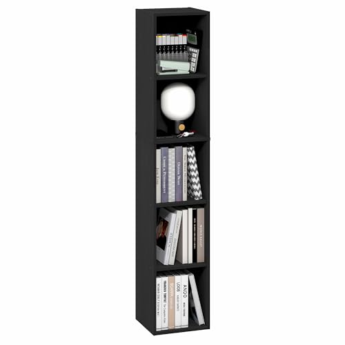 Furinno Fulda Book Shelf, 5-Tier Tall Narrow Bookshelf, Standing Bookcase with 10-in Width Storage Shelf, 9.3 x 9.8 x 51.9, for Organization Storage, for Living Room, Bedroom, Home Office, Blackwood - color: Blackwood, size: 5-Tier, 10W