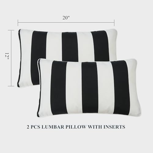 FUNHOME Set of 2 Patio Lumbar Pillows with Insert, 12”x20” Water-Repellent Fade Resistant Outdoor Lumbar Pillow, Decorative Garden Lumbar Cushions for Home Patio Coach Sofa Use-Black White Stripe - color: Black White Stripe, size: 20"L x 12"W(With Insert)