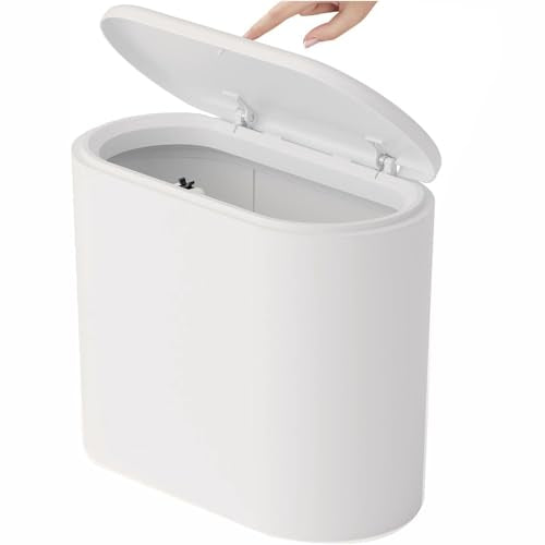 Yieach White 3.17 Gallon Slim Small Bathroom Trash Can with Lid,12L Plastic Thin Trashcans and Covered Wastebasket,Pet or Dog Proof Garbage Can for Bedroom,Rv,Dorm,Office and Lidded Bathroom Trashcan - color: White, style: Pack of 1