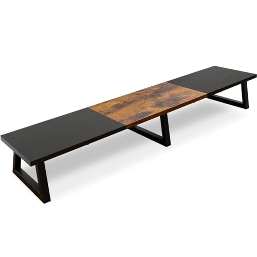 TEAMIX 42 inch Large Dual Monitor Riser, Desk Organizer Stand for TV Laptop | Extra Long Computer Stand Shelf, Wood & Steel TV Riser, Holds 300lbs, Keyboard & PS5 Storage Below, For Home Office & Gaming - color: Black+Brown