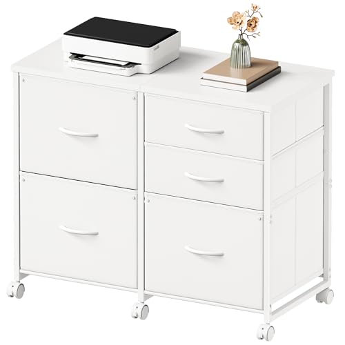 YeTom Lateral File Cabinet with 5 Drawers Rolling Filing Cabinets Under Desk Storage Printer Stand with Wheels,Mobile File Cabinet for Home Office,White - color: White