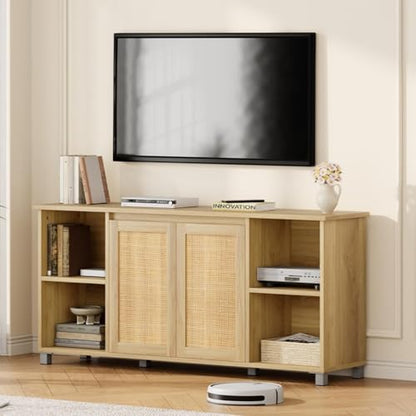 IDEALHOUSE Rattan TV Stand for 65" TVs, Natural Oak Media Console | Storage Cabinet & Adjustable Shelves, Boho Media Console, Natural Oak Finish, Rattan Doors, Living Room Bedroom - color: Natural