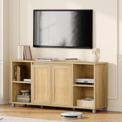 IDEALHOUSE Rattan TV Stand for 65" TVs, Natural Oak Media Console | Storage Cabinet & Adjustable Shelves, Boho Media Console, Natural Oak Finish, Rattan Doors, Living Room Bedroom - color: Natural
