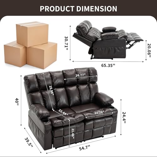 RV Loveseat Sofa with Massage & Heat,Wall Hugger Reclining Loveseat Recliner RV Couch with Cup Holders, Home Theater Seating with Front Porckets&Side Pockets, 2 Pillows, Faux Leather Brown - color: Brown, size: Loveseat