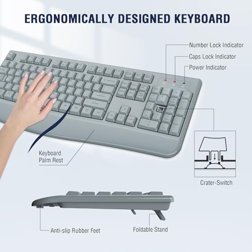 Wireless Keyboard and Mouse Combo, EDJO 2.4G Full-Sized Ergonomic Computer Keyboard with Wrist Rest and 3 Level DPI Adjustable Wireless Mouse for Windows, Mac OS Desktop/Laptop/PC(Grey) - color: Gray