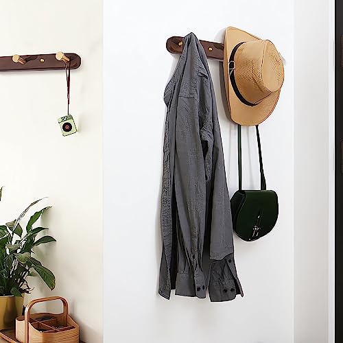 Wall Mounted Coat Rack, Entryway Hanging Coat Rack, Metal Wood Coat Rail with 3 Rustic Hooks Rail for Coat, Scarf, Bag, Towel, Key, Cap, Hat,Walnut Gold Matt - size: 3 Hooks - Round Shape