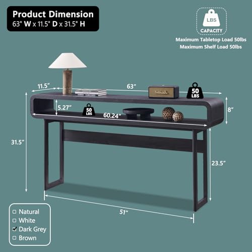 IFGET 63-Inch Long Console Table, 31.5" Tall Modern Entryway Table with Open Storage Shelf, Curved Profile Design, Narrow Wood Sofa Table Behind Couch Table for Living Room, Hallway, Foyer, Dark Grey - color: Dark Grey