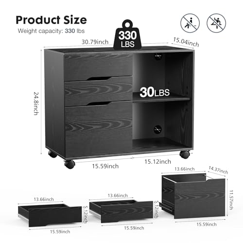 DUMOS File Cabinet with 3 Drawers, Wood Under Desk Storage Printer Stand | Rolling Lateral Filing Cabinet with Adjustable Shelves for Home Office Study Organization,Black - color: Modern Black