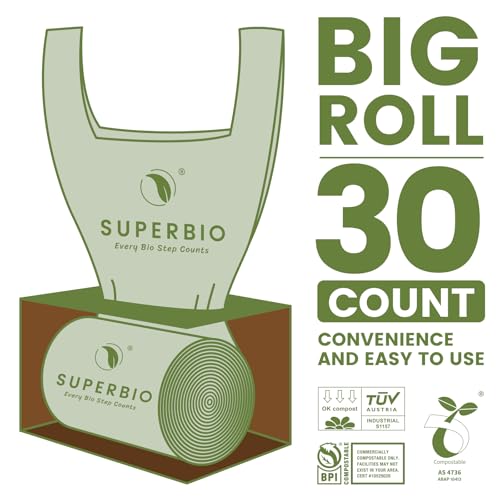 SUPERBIO 13 Gallon Compostable Kitchen Waste Bags with Handles, Food Scrap Bags Certified by BPI, OK compost INDUSTRIAL, 30 Count, 49.2L - color: 13 Gallon with Handles, 30 Count