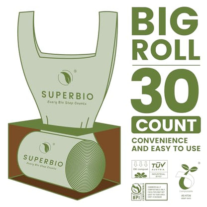 SUPERBIO 13 Gallon Compostable Kitchen Waste Bags with Handles, Food Scrap Bags Certified by BPI, OK compost INDUSTRIAL, 30 Count, 49.2L - color: 13 Gallon with Handles, 30 Count