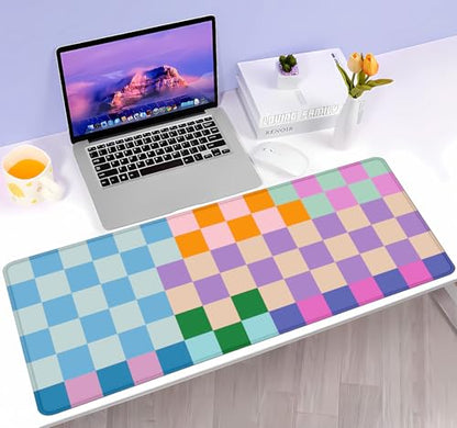 Colorful Checkered Desk Mats, Retro Purple Pink Blue Green Large Desk Pad, Aesthetic Desktop Mat, Writing Mat, Non-Slip Rubber Gaming Mouse Pad for Laptop Computer Office, 31.5 X 11.8 in - color: Colorful Checkered