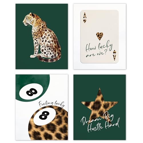 TLESKE Emerald Green Preppy Cheetah Leopard Posters Prints Unframed 8x10 Set of 4,dark green Trendy Lucky 8 Balls Wall Art Prints Decor for Teen Girls Dorm Bedroom, Retro Cheetah Print Wall Pictures - color: emerald green cheetah, size: 10L" x 8W"