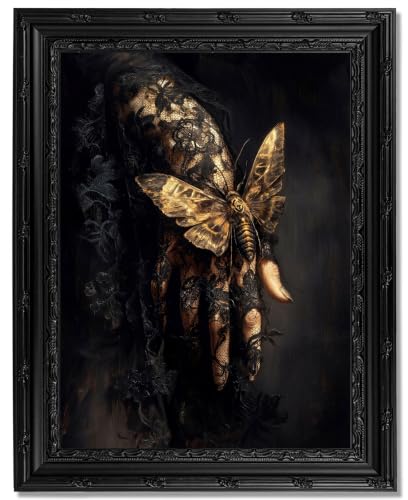 Gothic Moth Hand Framed Wall Art, Vintage Dark Aesthetic Single Panel Canvas Print with Ornate Black Carved Frame, Witchy Dark Academia Decor for Bedroom Living Room Halloween - color: Black Moth Hand, size: 11"L x 9"W