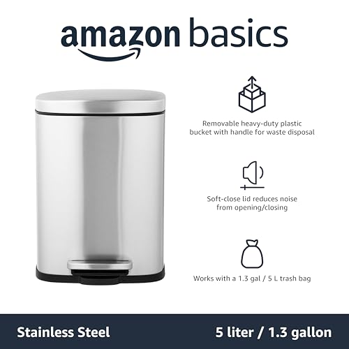 Amazon Basics MINI Trash Can, 1.32 Gallon (5L) Smudge Resistant Rectangular Bin with Soft-Close Lid, Step Foot Pedal, Removable Inner Bucket, Brushed Stainless Steel, for Bathroom, Satin Nickel Finish - size: Mini, 5L/1.32 Gal