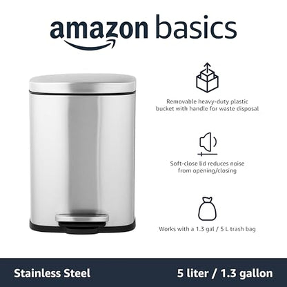 Amazon Basics MINI Trash Can, 1.32 Gallon (5L) Smudge Resistant Rectangular Bin with Soft-Close Lid, Step Foot Pedal, Removable Inner Bucket, Brushed Stainless Steel, for Bathroom, Satin Nickel Finish - size: Mini, 5L/1.32 Gal
