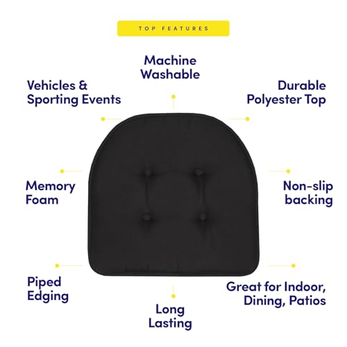Sweet Home Collection Chair Cushion Memory Foam Pads Tufted Slip Non Skid Rubber Back U-Shaped 17" x 16" Seat Cover, 2 Count (Pack of 1), Black - color: Black, size: 2 Pack, style: Foam Pads