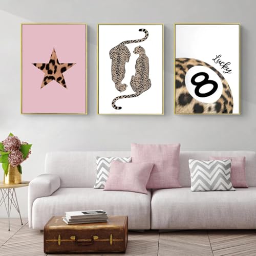 Set of 3 Preppy Cheetah Wall Art Trendy Pink Leopard Canvas Prints Star Lucky 8 Ball Posters Aesthetic Wall Decor Pictures for Girly Bedroom Apartment Dorm Unframed 12x16in