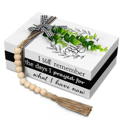 Capoda 3 Pcs Decorative Books for Home Decor Farmhouse Faux Stacked Books Wooden Rustic Table Decor with Bead Garland Twine Ribbon Faux Leaf for Table(Remember) - style: Remember