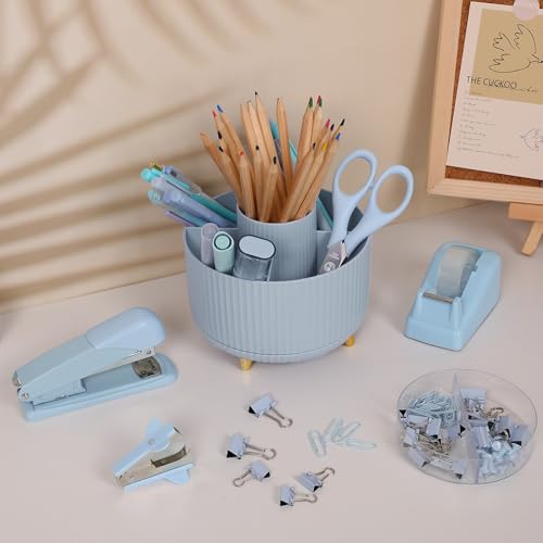 SKYDUE Desk Organizers and Accessories 10Pcs, 360-Degree Rotating Pen Holder, Stapler, Staple Remover, Tape Dispenser,2pcs Tape Refills, Binder Paper Clips Kit, Scissor (Blue) - color: Blue