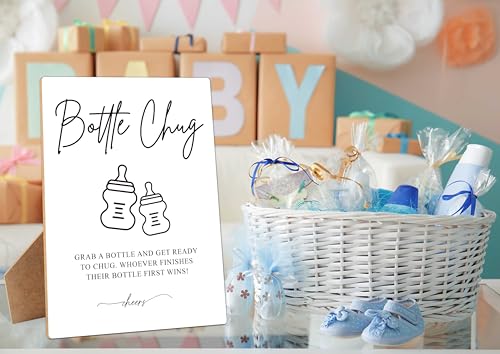 Baby Shower Game Bottle Chug Sign, 8×11 Inches Wooden Sign With Stand, Gender Neutral Tabletop Decor for Gender Reveal Party Decorations, Baby Shower Favor Supplies for Boy Girl-11 - style: Bottle Chug