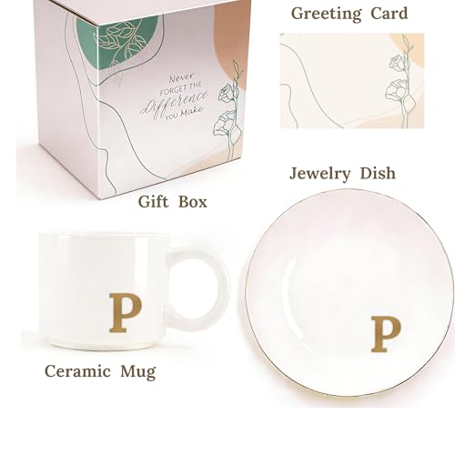 RainVibe Elegant Gift Set for Women – Personalized Monogram Ceramic Mug & Jewelry Tray – 12 oz Gold-Initial Coffee Cup with Gift Box, 4.75" Decorative Dish for Rings, Earrings, Keys (Letter P) - color: Letter P