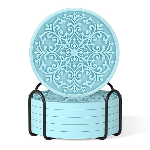 Drink Coasters, Coasters Set of 6 for Cup with Holder, Non-Slip Silicone Cup Mats for Hot and Cold Drinks, Cute Absorbent Coffee Bar Accessories Table Decor, Blue - color: Blue