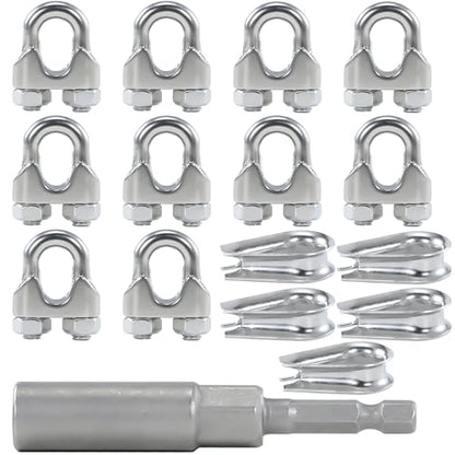 10Pcs M6 1/4 Inches Stainless Steel Wire Rope Clips Cable Clamp,5PCS Thimbles - size: 10 M6 Clips,5 Thimbles,1 Nut Driver