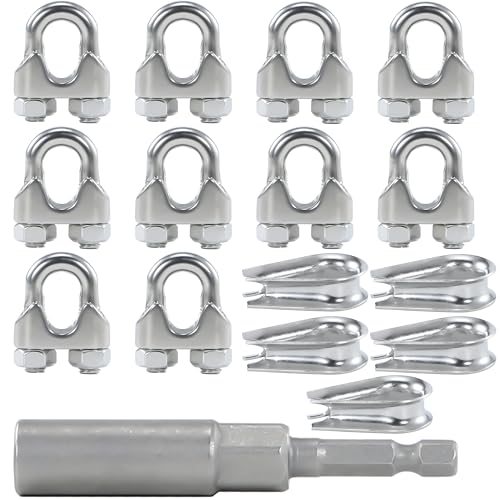 10Pcs M6 1/4 Inches Stainless Steel Wire Rope Clips Cable Clamp,5PCS Thimbles - size: 10 M6 Clips,5 Thimbles,1 Nut Driver