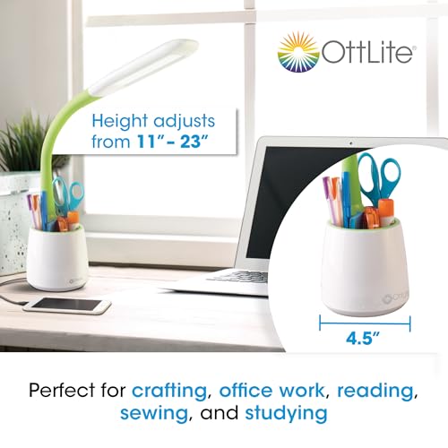 OttLite Organize LED Desk Lamp with USB Port, White and Green | ClearSun LEDs Reduce Eyestrain | Built-In Storage Compartment | Flexible Neck 11"-23" | 3 Brightness Settings