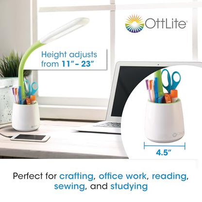 OttLite Organize LED Desk Lamp with USB Port, White and Green | ClearSun LEDs Reduce Eyestrain | Built-In Storage Compartment | Flexible Neck 11"-23" | 3 Brightness Settings