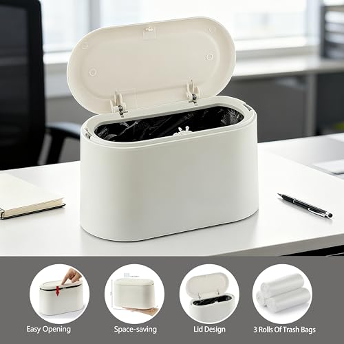 XZZWLL Mini Trash Can for Desk, Tiny Plastic Countertop Garbage Can with Lid, Easy to use and Keep Desktop Clean for Vanity, Bedside, Bathroom and Kitchen with 3 Rolls Trash Bags