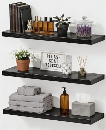 Easy Install Wall Shelves, 15.6 Inch Wall Mounted Wood Floating Wall Shelves, Set of 3, Small Wall Shelves for Storage and Wall Decor, Living Room, Kitchen, Office, Corner Shelf for Bathroom, Black - color: Black Floating, size: 15.6 Inch