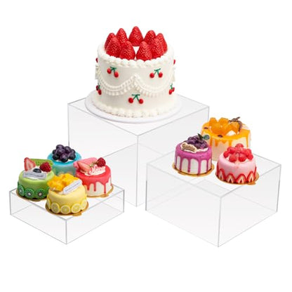 Clisela 3pcs Acrylic Cube Display Stands Box Risers Clear 6" 7" 8" | Food Risers for Buffet Table w/Hollow Bottoms, Decorative Display Stand Shelf for Dessert Collectibles Jewelry Figures Show - size: (6,7,8)"- Clear