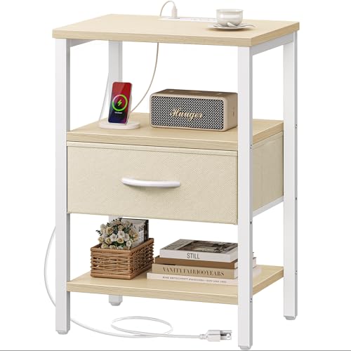 SUPERJARE Nightstand with Charging Station, Bed Side Table with Adjustable Fabric Drawer, Night Stand for Bedroom, 3-Tier Storage End Table, for Living Room, White Maple - color: White Maple, size: M (11.8"D x 15.7"W x 23.4"H)