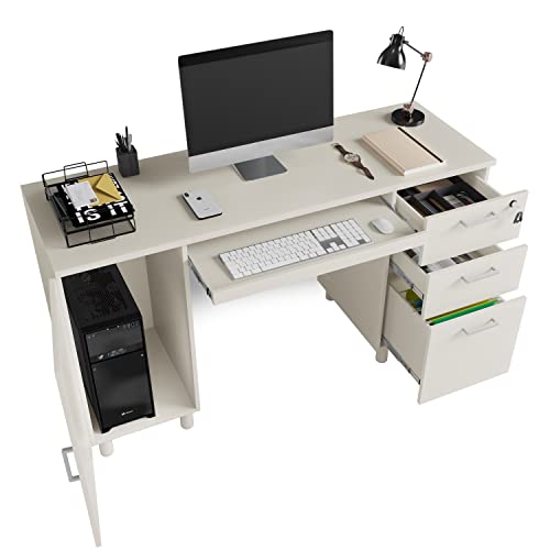 Modern Design Venice Computer Office Desk with 3 Locking Drawers and Storage Cabinet, 53 Inch Home and Office Executive White Desk with Keyboard Tray by Crafts and Comfort - color: White