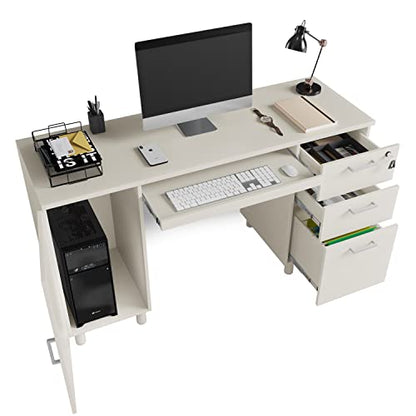 Modern Design Venice Computer Office Desk with 3 Locking Drawers and Storage Cabinet, 53 Inch Home and Office Executive White Desk with Keyboard Tray by Crafts and Comfort - color: White