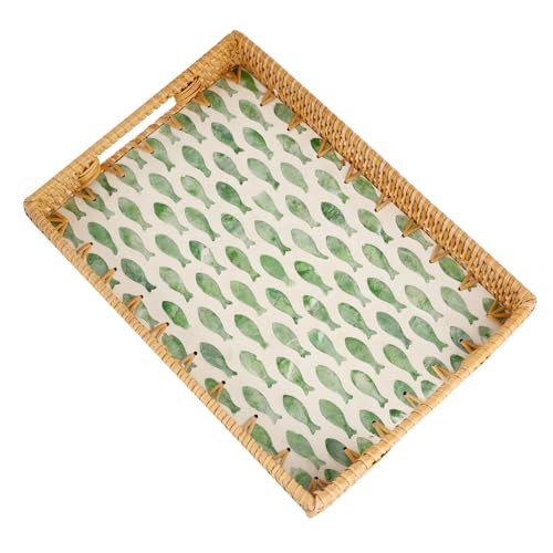 Rectangle Rattan Tray with Mother of Pearl Inlay, Rattan Serving Tray with Handle for Coffee, Bread, Fruits, Snacks, Decorative Wicker Tray for Table Decor (Rectangle Green Fish, 13"×9") - color: Green Fish