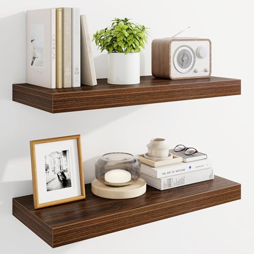 Marsmiles 24" Floating Shelves for Wall, Wooden Shelves with Invisible Brackets Set of 2, Rustic Farmhouse Wall Mounted Shelf for Kitchen Bathroom Living Room Study, Walnut - color: Walnut, size: 24"