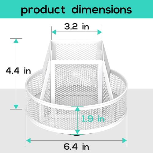 YINGHUA Metal Mesh Desk Organizer with 5 Compartments and Rotating Pencil Holder Pen and Stationery Organizer for Office Home School Anti Slip Base White - color: White