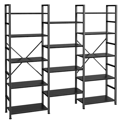 SUPERJARE Triple Bookshelf, Bookcase with 14 Open Display Shelves, Wide Book Shelf Book Case for Home & Office, 5 Tier, Black - color: Black, size: 5 Tier