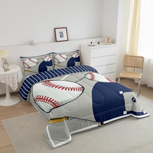 jejeloiu Baseball Comforter Set Toddler Kids Baseball Court Comforter for Boys Girls Teens Gaming Sports Bedding Set Breathable Sports Theme Blue Gray Duvet Set Room Decor Quilt Set - color: Multi 02, size: Toddler