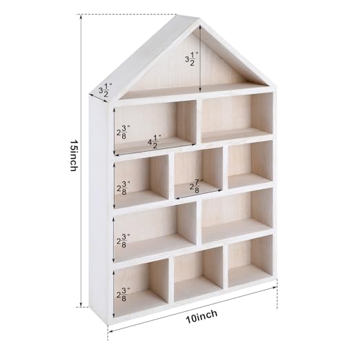 Threehoney House Shaped Wooden Shadow Cubby Box 10 W x 2 1/4 D x 15 H Hanging Display Shelf Organizer Wall Mounted Curio Cabinet Wooden Display Case Miniature Shelf for Figures(Wood Color) - color: Wood Color