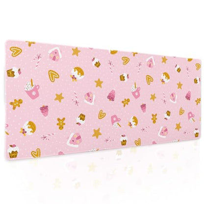 Pink Christmas Gaming Mouse Pad XL Cute Kawaii Cupcake Gingerbread Extended Big Large Desk Mat Non-Slip Rubber Base Stitched Edge Xmas Holiday Long Keyboard Mousepad for Computer Laptop,31.5×11.8 in - color: Pink Christmas, size: X-Large