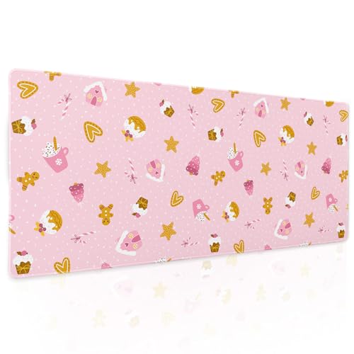 Pink Christmas Gaming Mouse Pad XL Cute Kawaii Cupcake Gingerbread Extended Big Large Desk Mat Non-Slip Rubber Base Stitched Edge Xmas Holiday Long Keyboard Mousepad for Computer Laptop,31.5×11.8 in - color: Pink Christmas, size: X-Large