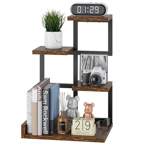 YMYNY Desktop Shelf Organizer, 4 Tier Storage Display Rack, Desk Shelf Organizer Small Bookshelf with Metal Frame for Office, Books, Plants, 12.2" x 9.45" x 17.52", Rustic Brown Black UHSR007H - color: Rustic Brown