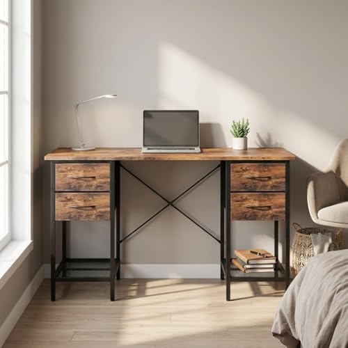 SUMELL 55 Inch Computer Desk with 4 Drawers, Rustic Brown Home Office Desk with Mesh Shelf for Gaming, Study, and Writing Workstation